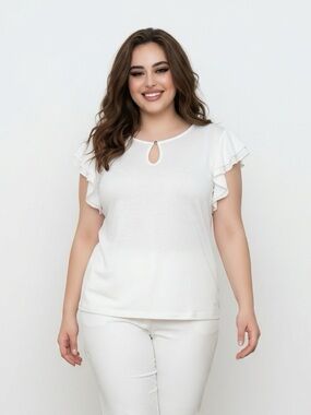 MARBLE Women's Short Sleeve Top White With Ruffle Sleeves | Size XL